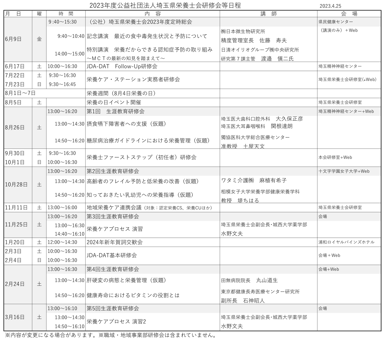 ２０２３年度公益社団法人埼玉県栄養士会研修会等日程